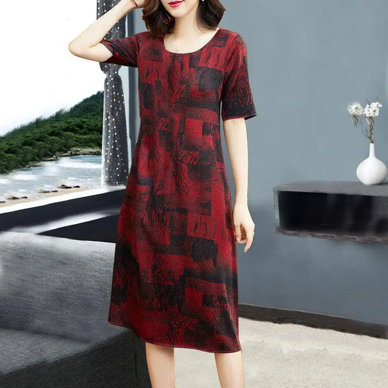 

MISSKY Women Dress Summer Dress Round Collar Short Sleeve Loose Waist Printing A Line Dress For Female New 2020