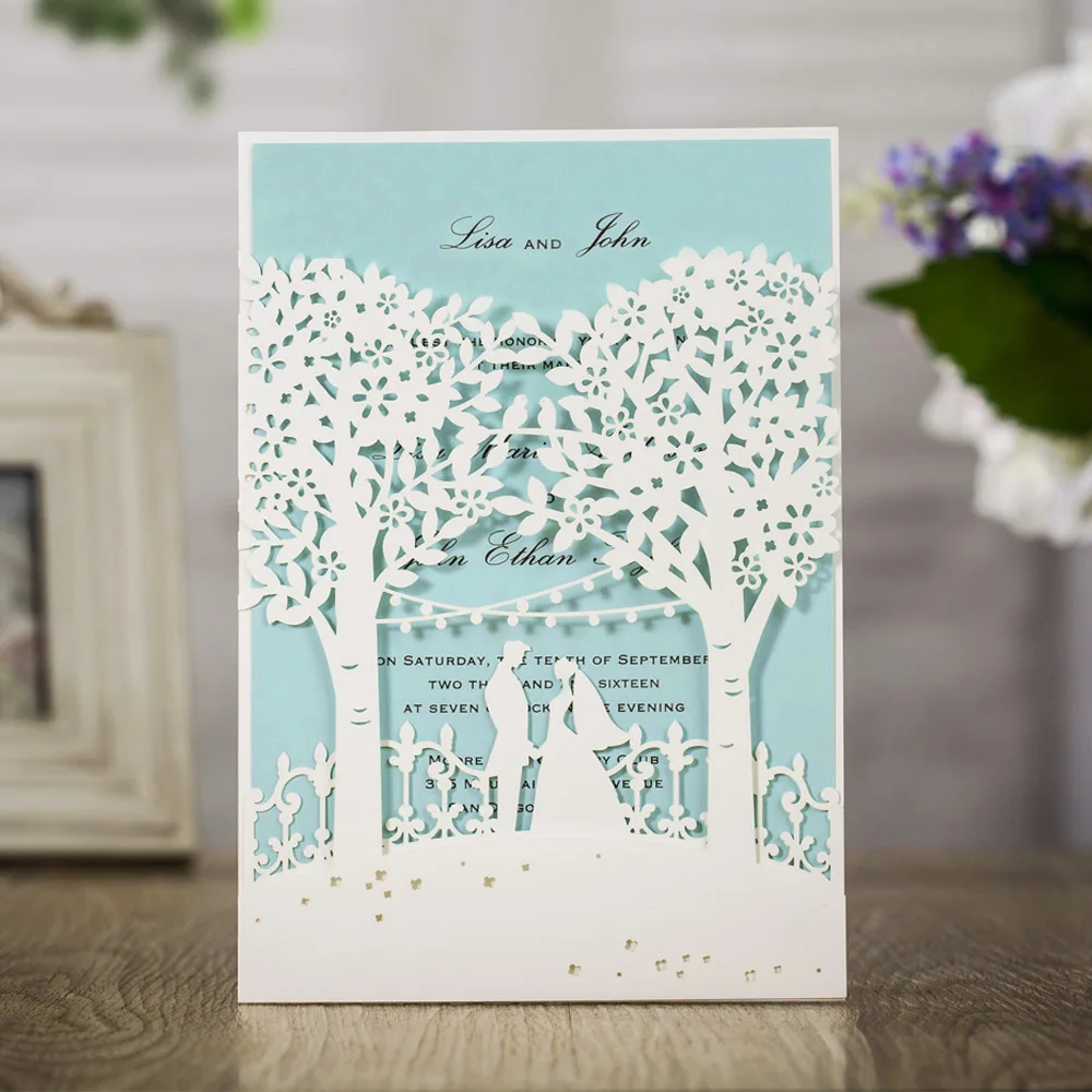 

WISHMADE White Laser Cut Trees Wedding Invitations with Bride and Groom Design Invites Cards Blue Inner Paper, Customizable