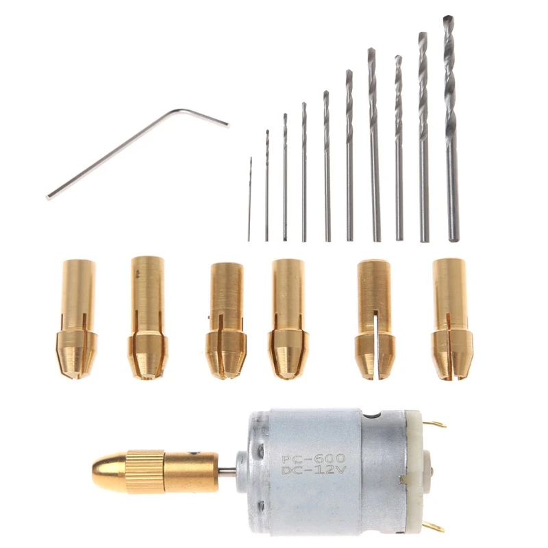 

Mini Electric Hand Drill Small 12V Motor + 0.5-3.0mm Twist Drill Bit Rotary Tool
