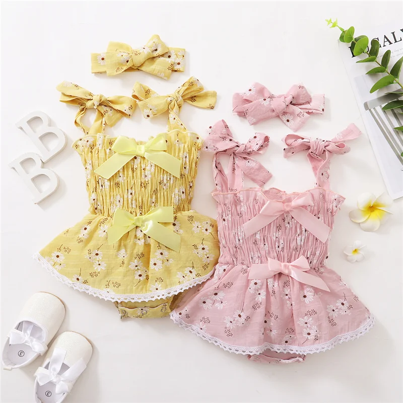 

2pcs Newborn Baby Girls Floral Print Outfits,Children Girls Summer Sweet Cute Sleeveless Jumpsuit+Bow-knot Headband,0-18Months