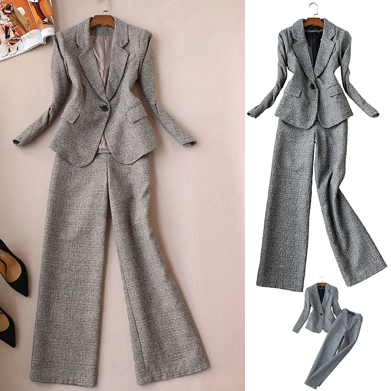 

Autumn Winter Chic Korean Style Office Lady Long Sleeve Faux Woolen Suit Blazer and Wide Leg Suit Pants Trousers One Set