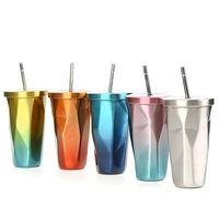 500ml gradient coffee mugs double layer stainless steel tumbler water cup with straw lid travel tumbler vacuum diamond cups