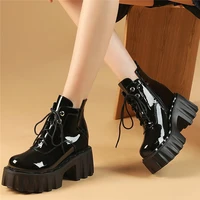 lace up creepers women genuine leather cuban high heels ankle boots female round toe chunky platform pumps shoes casual shoes