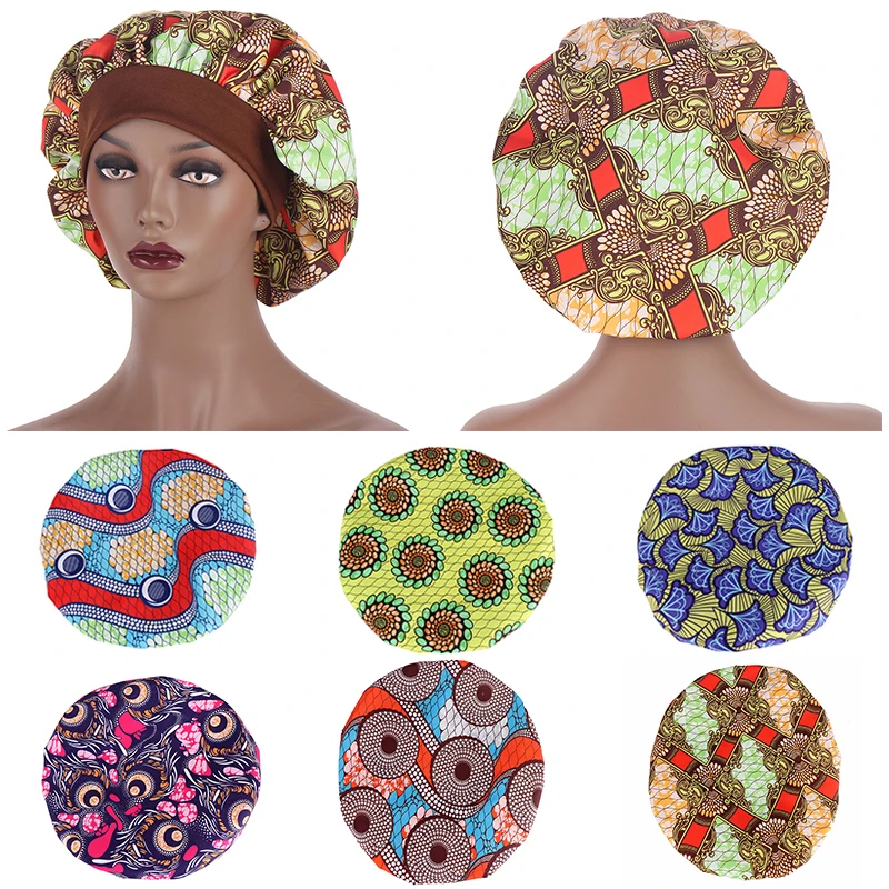 

Fashion Africa Print Multicolor Sleep Cap Wide Border Head Wrap Turban Nightcaps Women Girl Hijabs Africa Printed Baotou Caps