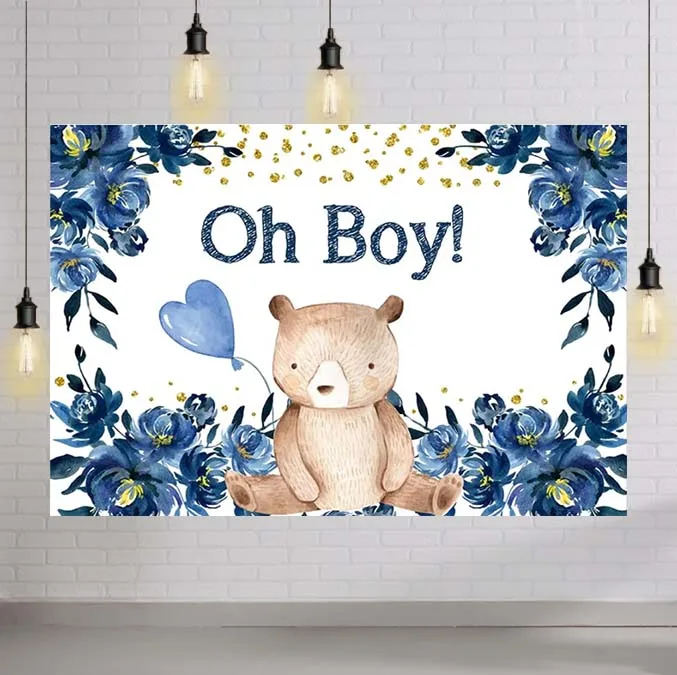 

Oh Boy Baby Shower Backdrop Navy Blue Watercolor Floral Baby Bear Gold Dots Newborn Portrait It's A Boy Photography Background