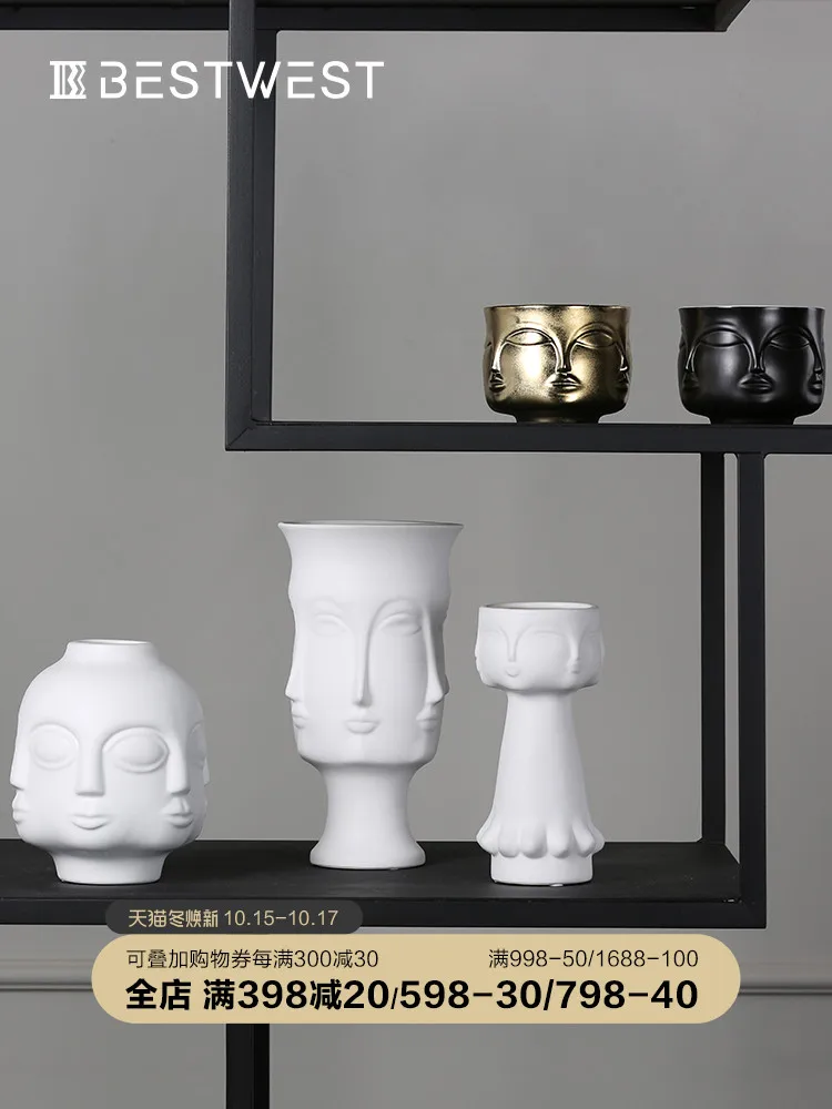 

BEST WEST Creative Ceramic Vase Face Arrangement Designer Model Room Living room insert vase soft ornaments