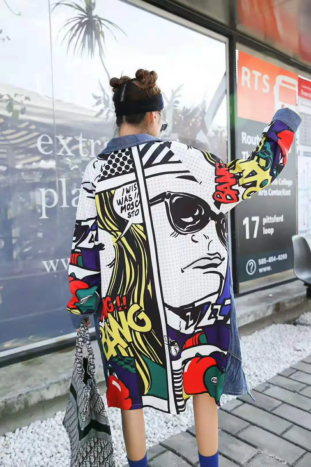 Harajuku Мультфильм Лоскутная ветровка для девочек винтажный женский длинный Джинсовый плащ Женская Весна Осень Джинсы Casaco LT141S30