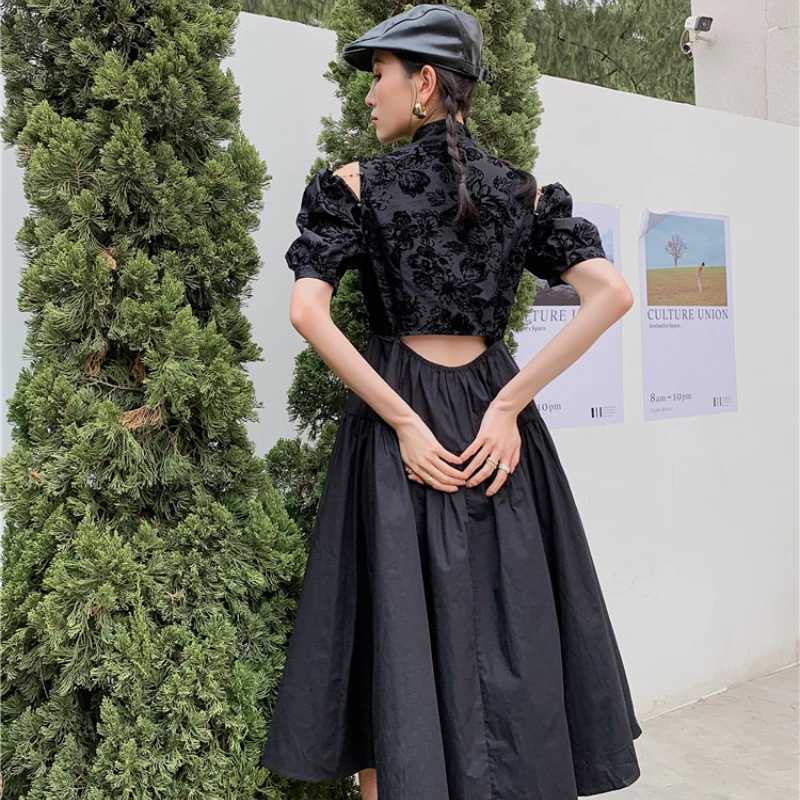 

Kimotimo Woman Black Patchwork Dress Punk Style Mandarin Collar Puff Sleeve Hollow Out Korean Minority Women Clothing Femme