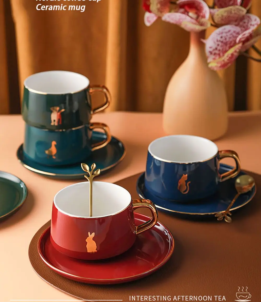 

Домашняя кофейная чашка в скандинавском стиле с животным, 225 мл, с ложкой, с золотой ручкой, кружка для завтрака, молока, сока, подарок на день ...