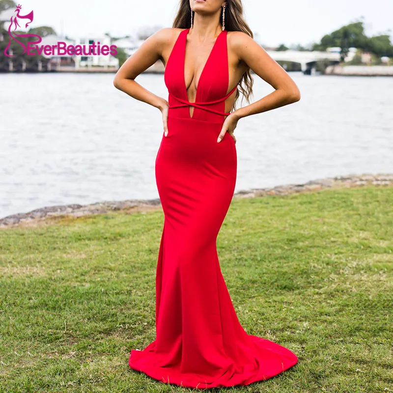 

Mermaid Long Evening Dress 2020 Deep V-Neck Vestidos De Fiesta Elastic Satin Backless Robe De Soiree Suknie Wieczorowe