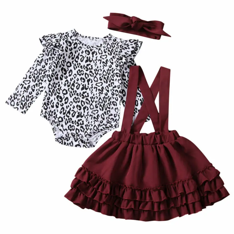 

Cute Newborn Kid Baby Girl Clothes Long Sleeve Ruffles Leopard Romper Tops Swing Princess Bib Skirt Outfit 0-24M Baby Girls Sets