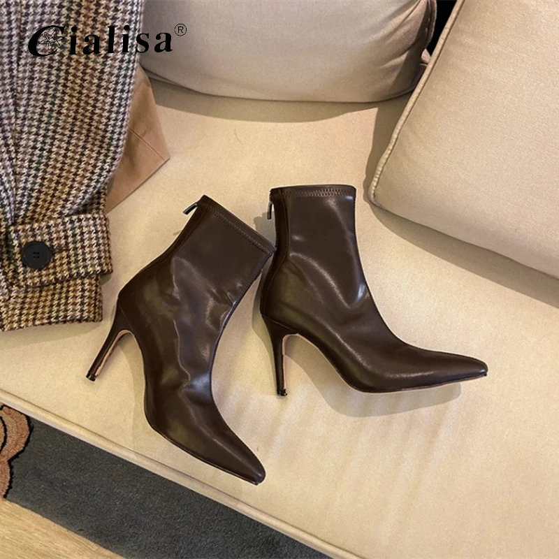 

CIALISA Women Shoes Autumn Winte Pointed Toe Zipper High Heel Boots 2020 High Quality New Fashion PartyThick Heel Ankle Boots
