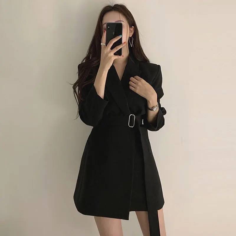 Модные весенне-осенние женские длинные блейзеры куртка с поясом женская верхняя
