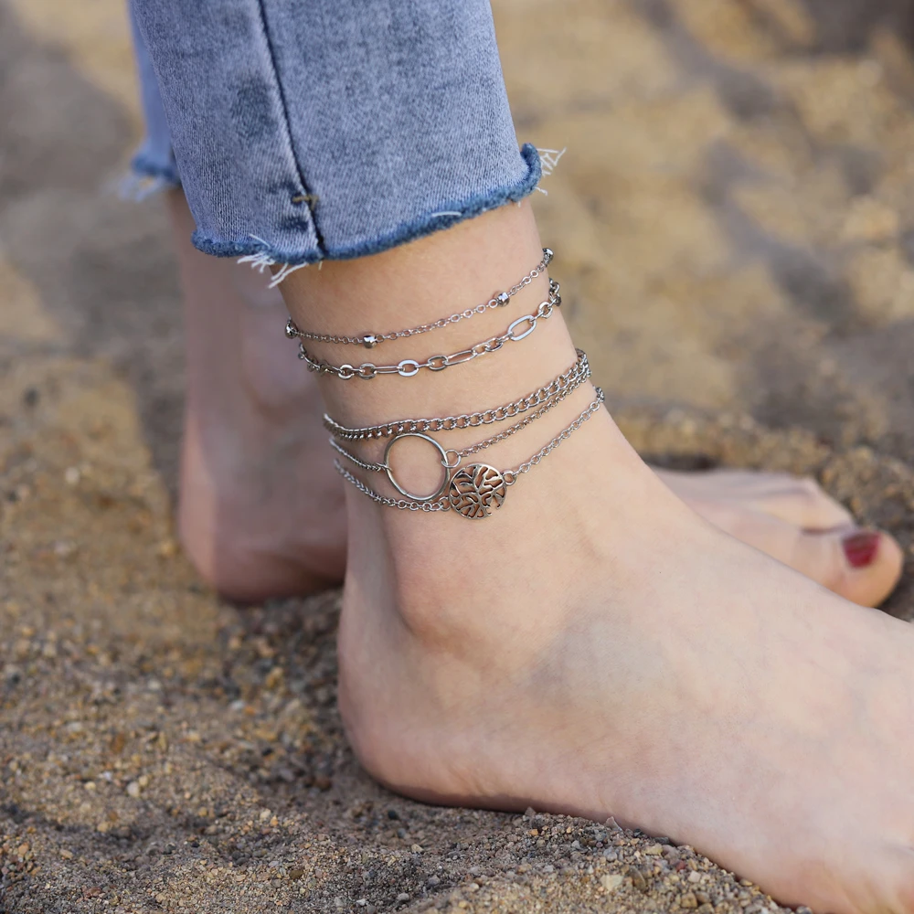 

New Jewelry Fashion Simple Hollow Circle Bead Chain Bracelet Geometric Five-piece Anklet Female Summer Accessories