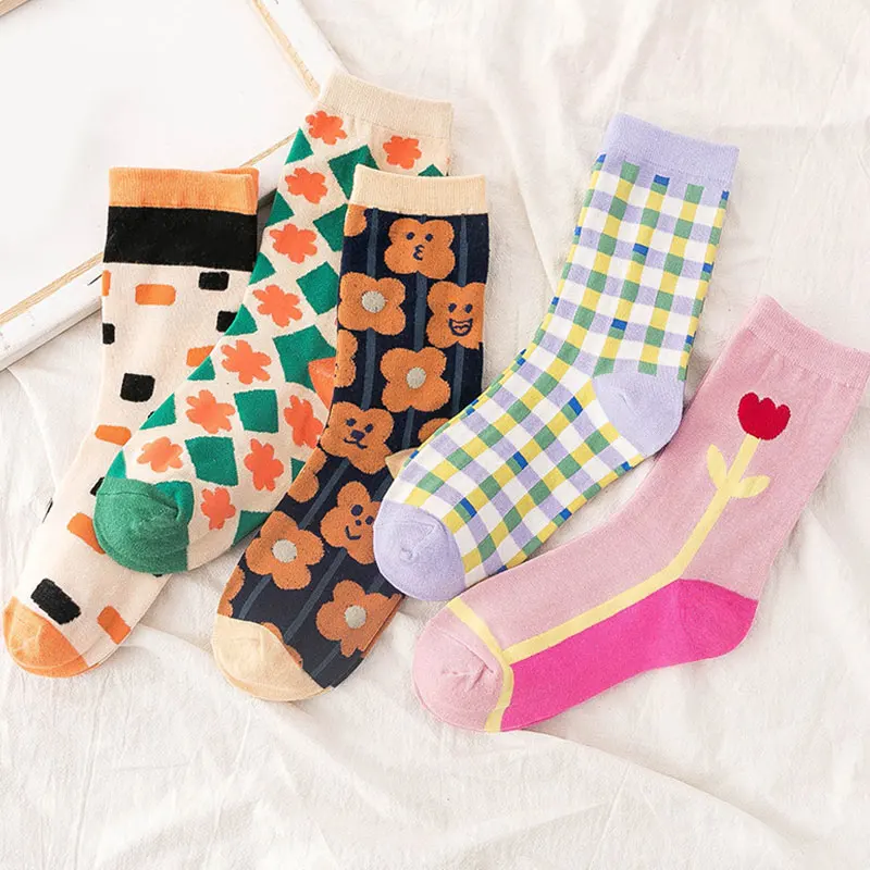 

Women's Socks Tube Ins Trendy Socks Plaid Flower Crew Socks Streetwear Harajuku Hip-hop Soft Socks Cotton Polyester