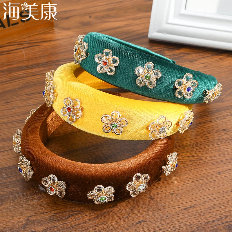 

Haimeikang Fashion Popular Women Thick Sponge Velvet Hair Band Crystal Flower Padded Headband DIY Pin Hair Hoop Lady Accessories