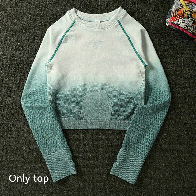 Green top 3 шт., бесшовный комплект для йоги с эффектом омбре, женская одежда для тренировок, спортивный бюстгальтер, топы с длинными рукавами, леггинсы, набор для бега, фитнеса, спортзала, женская спортивная одежда - Цвет: Green top