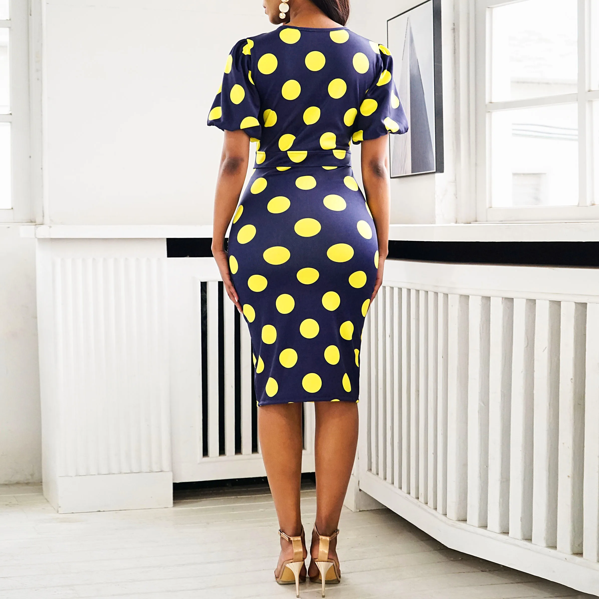 Женское облегающее платье в горошек с разрезом синие Коктейльные Вечерние