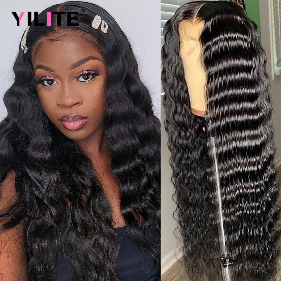

HD Transparent Lace Front Human Hair Wigs Deep Wave Lace Frontal Wig Pre Plucked Deep Curly Lace Closure Wigs Peruvian Remy Hair
