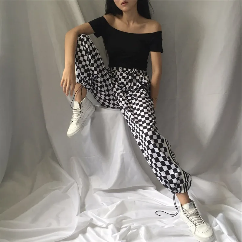 Ins/Модные свободные широкие брюки в стиле Харадзюку с клетчатой доской Черные и