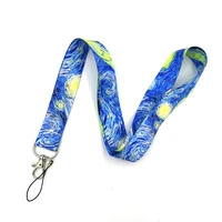 10pcs van gogh starry sky neck strap lanyard for keys id badge holder hang rope keycord mobile phone straps keychain lanyards