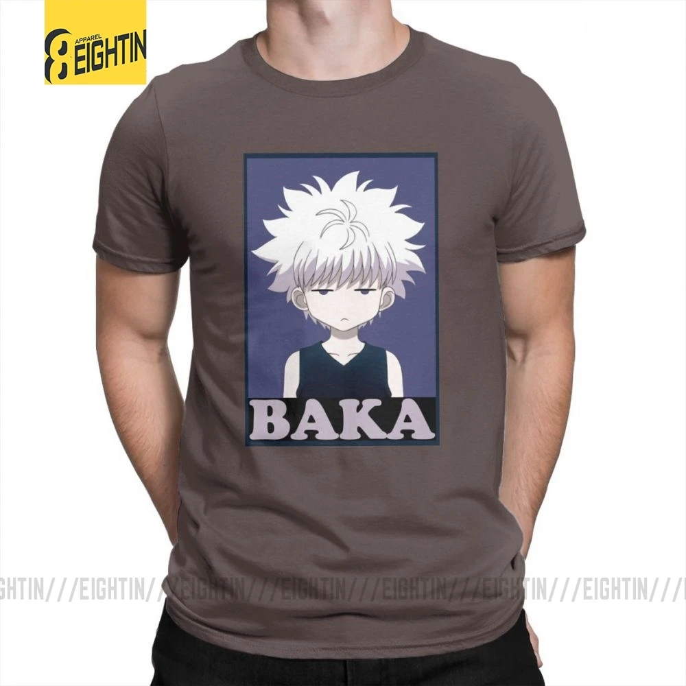 Охотник х Хантер футболки Killua Zoldyck Baka классический комикс о-образный вырез с коротким рукавом классический крой Чистый хлопок футболки мягкие мужские футболки - Цвет: Коричневый