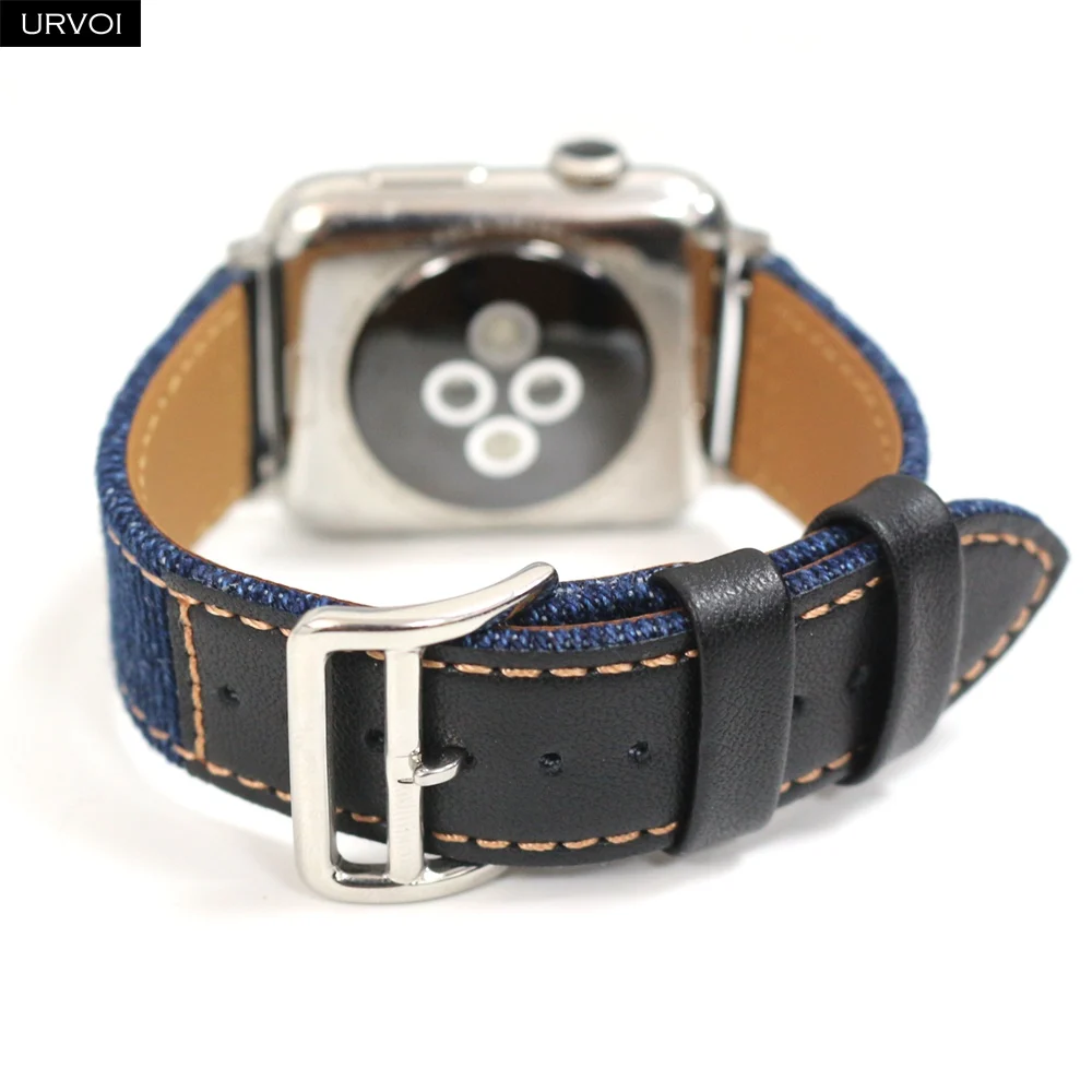 Кожаный ремешок URVOI для Apple Watch series 7 6 SE 5 4 3 2 1 джинсовый сшитый браслет iWatch 40 41 44 45 мм