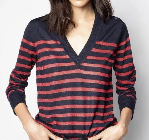 

Women Sweater Autumn/Spring New Wool Yarn Striped V Neck Knit Top Long Sleeve Pullovers