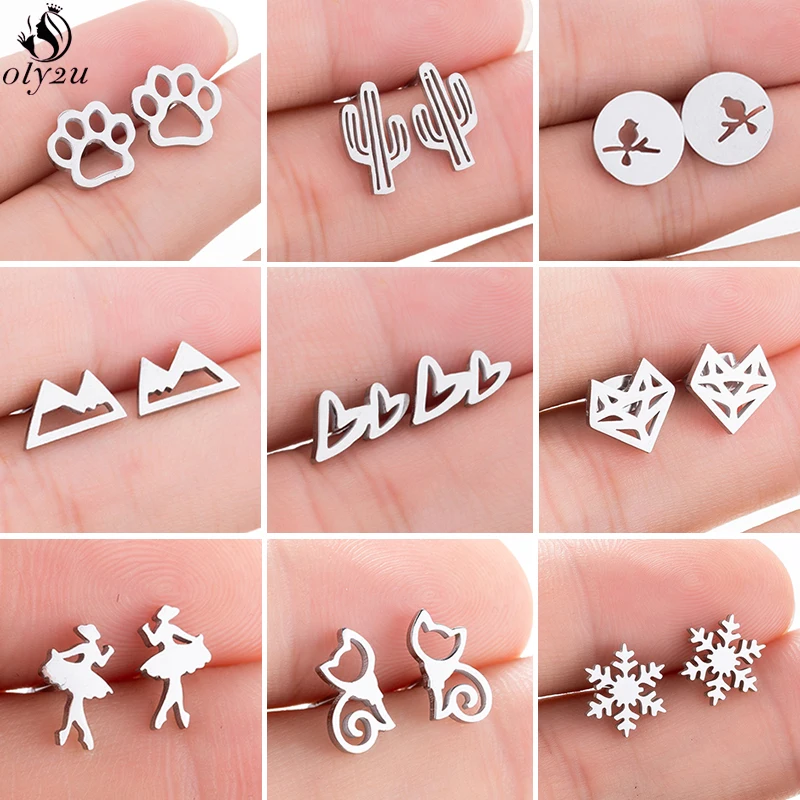 

Модные серьги-гвоздики из нержавеющей стали с животными для женщин и детей, черные серьги с маленьким сердцем, лапой, котом, балетом, серьги, ...