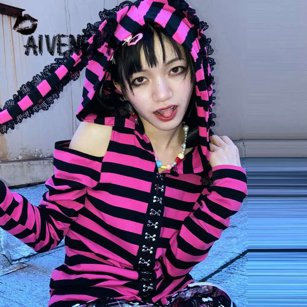 Японские мягкие Топы в стиле Харадзюку для девочек розовые черные полосатые