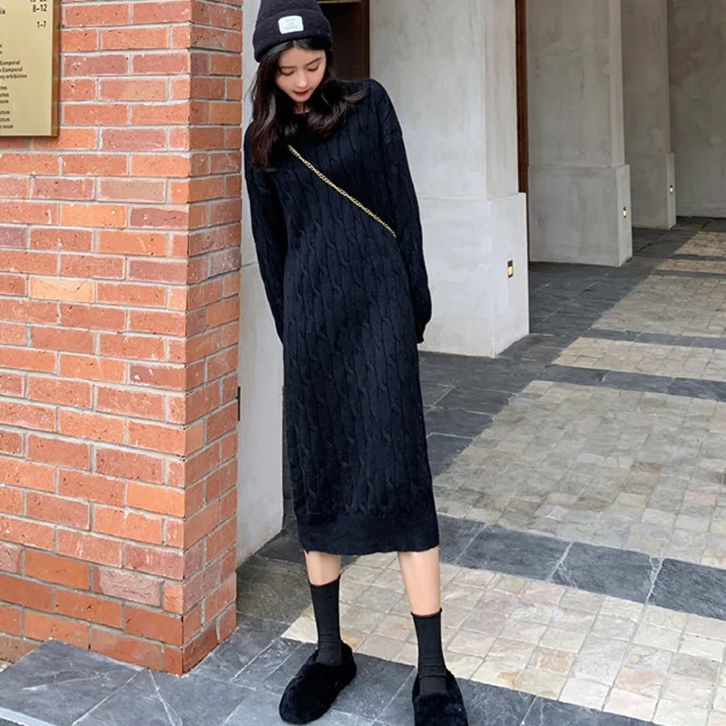 

New 2020 Autumn Sweater Dress Women One-Piece Winter Knitted Korean High Elastic Twist Dress Elegant Lady Knit Midi Dresses