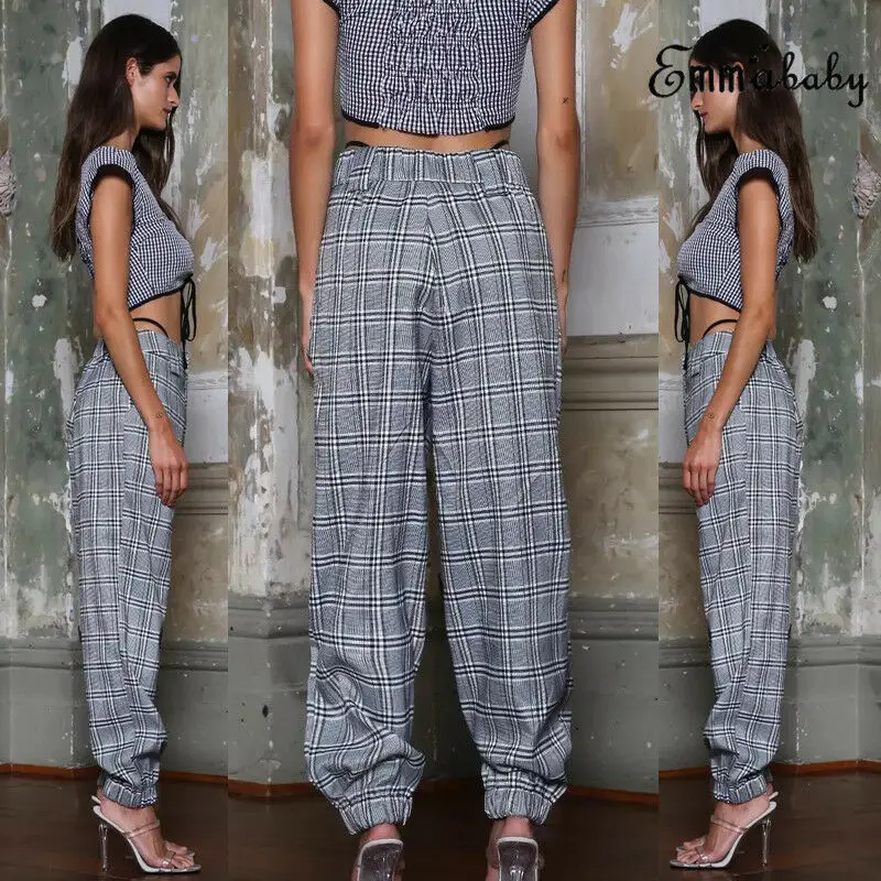 

Fashion Plaid Stretchy High Waist Harem Loose Elastic Drawstring Pencil Trousers Pants Women's Belt Slim