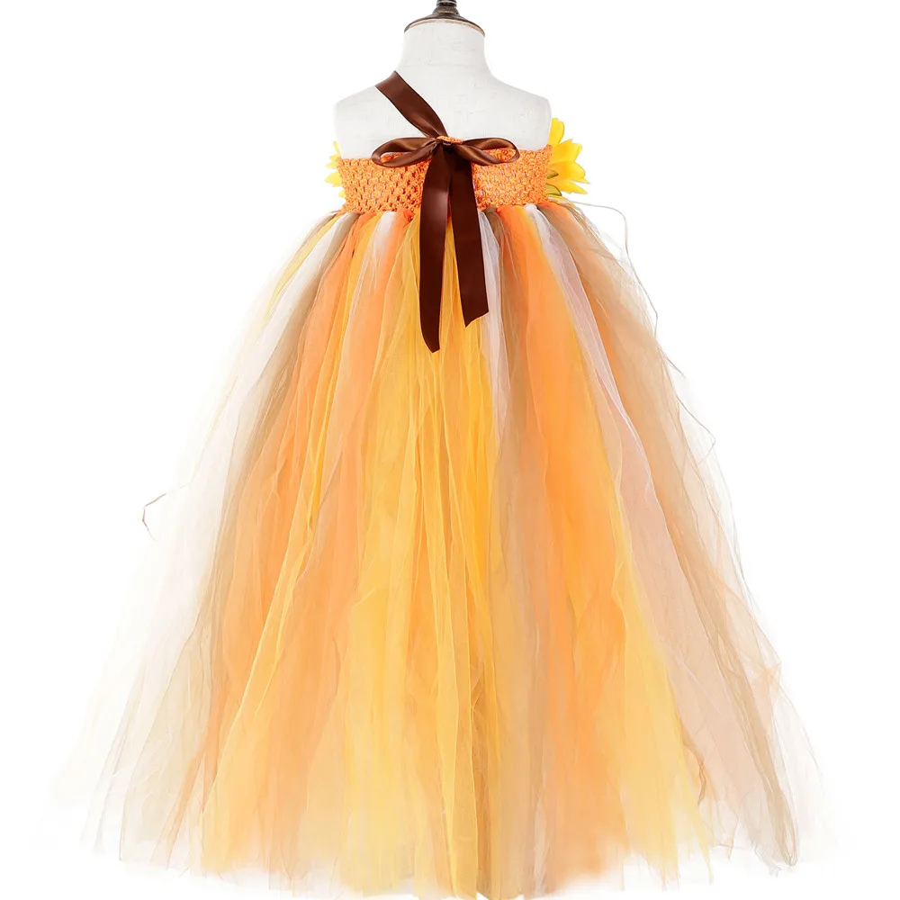 Autumn Sunflower Scarecrow Tutu Dress Kids Pumpkin Halloween Costumes for Girls Photo Prop Party Fall Themed Tulle | Детская одежда и