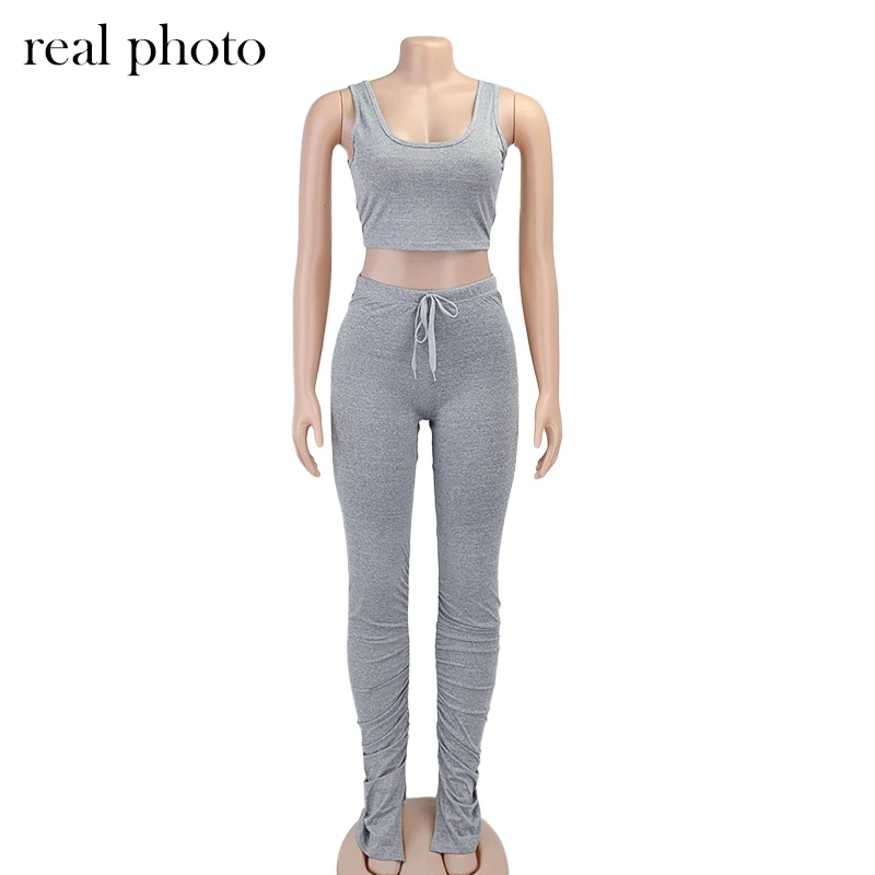 

Tank Top And Stacked Pants 2 Piece Set Women Casual Sportswear Sleeveless Tracksuits Fashion Workout Grey Matching Sets