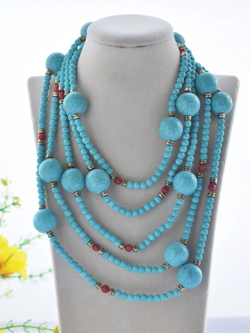 

MCT·STAR Z10612 50"-100" 20mm Blue Round Turquoise Red Coral Necklace