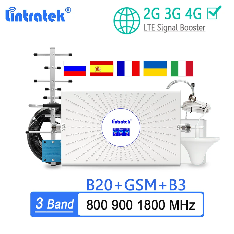 Lintratek 70dB B20 800 LTE Signal Amplifier 2G GSM 900 DCS 1800 B3 Tri Band Cellphone Network Cellular Signal Booster Repeater