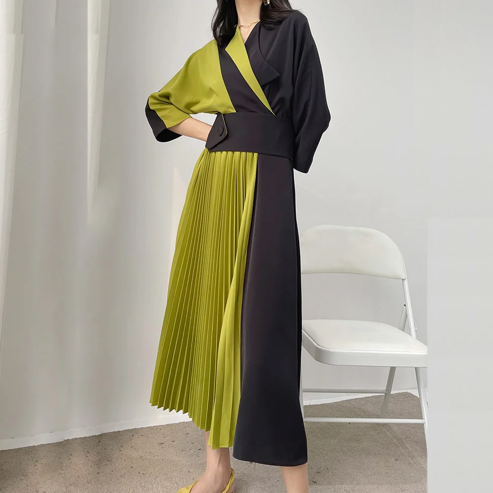 

Autumn Female Dress Spring Batwing Sleeve Turn-down Collar Casual Folds Patchwork Women's Evening Dress High Quality