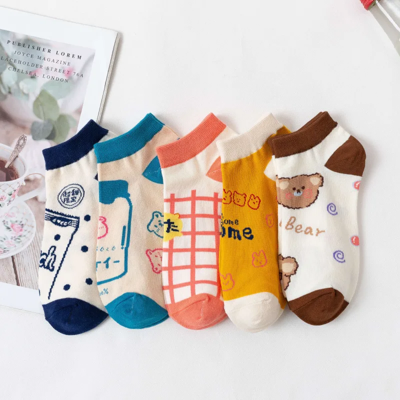 

Мультяшные женские носки, женские носки, маленький медведь, геометрический принт, повседневные милые хлопковые носки-лодочки для девочек, в...