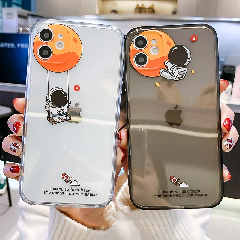 

Cute Cartoon Astronaut Planet Phone Case For iPhone 11 Pro Max 12 Mini X XS XR 7 8 Plus SE2020 Transparent Soft Shockproof Cover