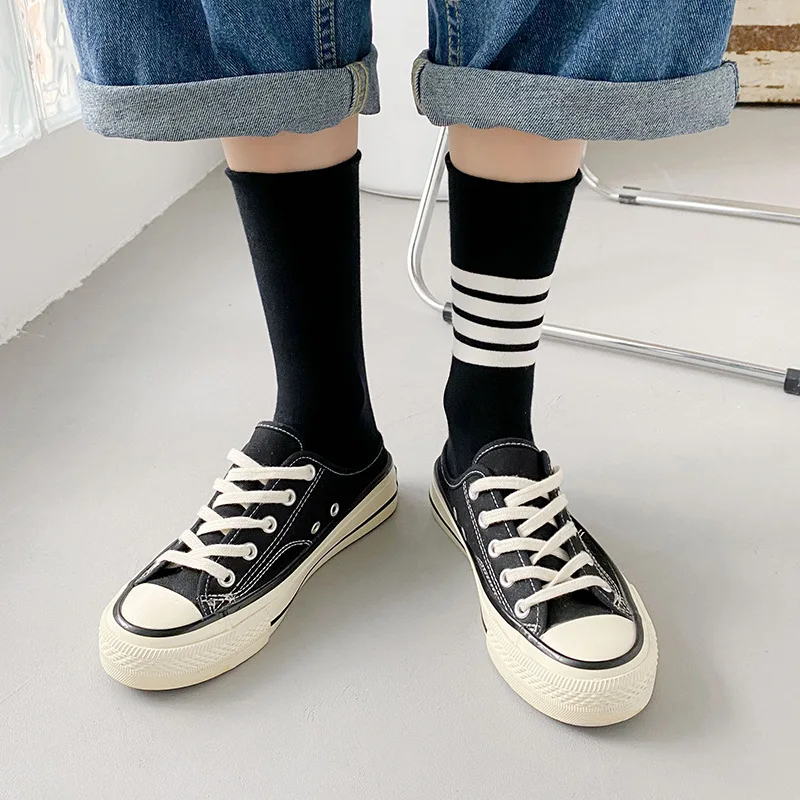 

Носки женские Асимметричные хлопковые, однотонные в японском стиле Харадзюку, в полоску, Черные Серые белые