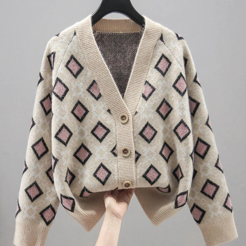 

EBAIHUI клетчатый кардиган для женщин Винтажный с рисунком ромбиками V-образный вырез Женская куртка 2021 зимний женский Топ корейский трикотаж