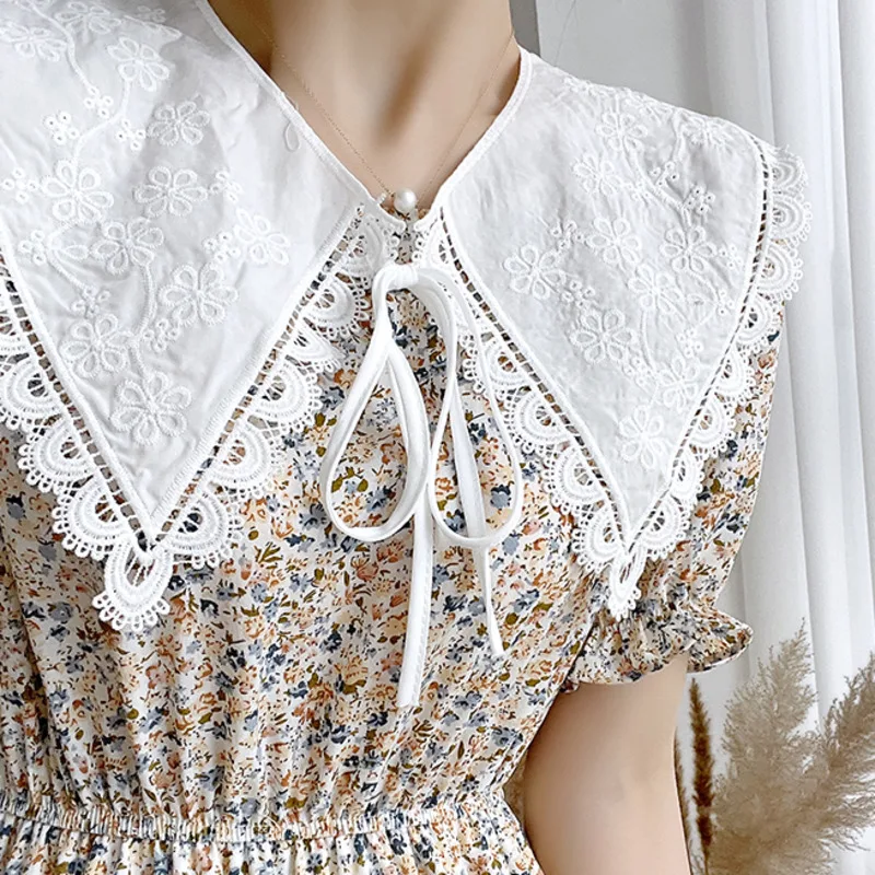 

Floral Vintage Long Chiffon Dress Peter Pan Collar Slim Printed Party Women's Dresses Casual Female Robe Summer Vestido De Mujer