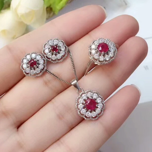 

MeiBaPJ Natural Ruby Gemstone 925 Pure Silver Earrings Ring Pendant Necklace 3 Suits Fine Wedding Jewelry Sets for Women