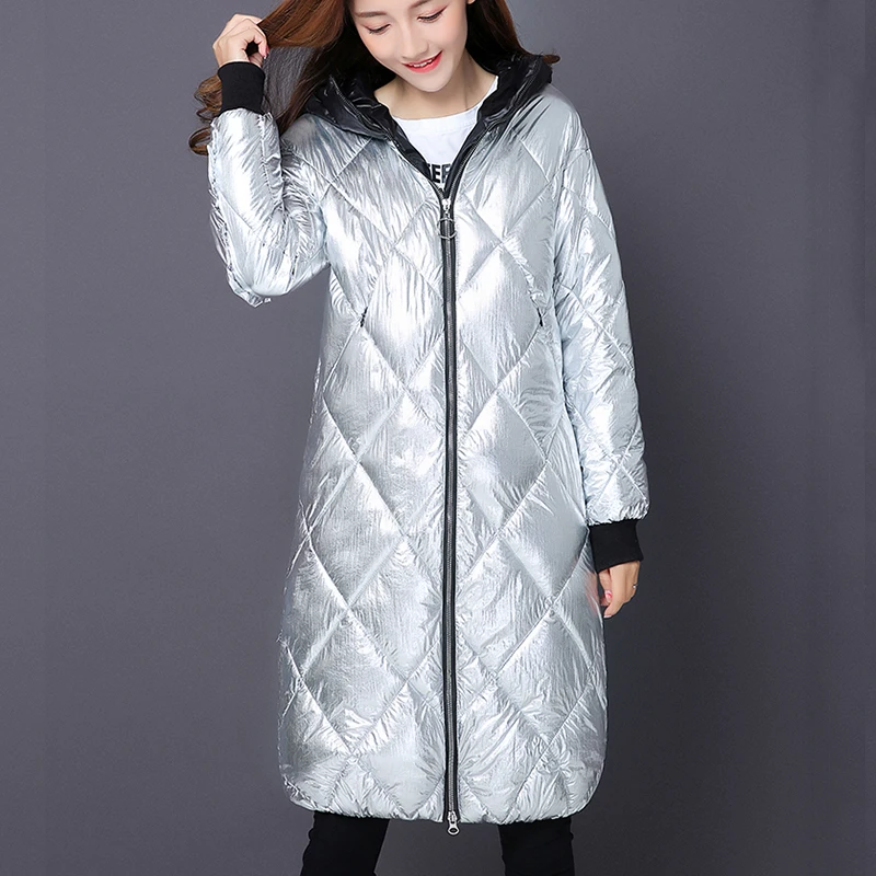 

2019 New Fashion Women's White Duck Down Cotton Jacket Zippers High Quality warm Hooded Glossy Coat Female cc917