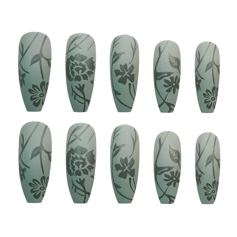 

Fake Nails Green Pear and Green Petals Wear Nail Stickers Finished Nails 24 Nail Stickers With Glue Birthday Gift SK88