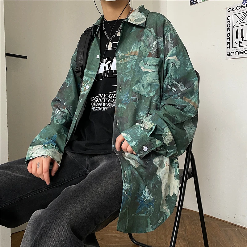 

Harajuku Oil Painting Men and Women Shirt Retro Tie-dye Printing Loose Long Sleeve Couple Tops Summer Streetwear Oversize Shirt