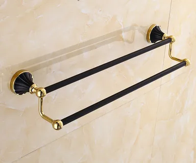 Double Towel Bars Набор аксессуаров для ванной комнаты, 304 нержавеющая сталь, вешалка для полотенец, угловая полка, держатель для бумаги, вешалка для полотенец, 5 крючков, оборудование для ванной, черный и золотой - Цвет: Double Towel Bars