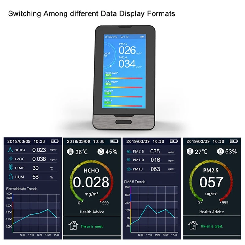 

4.3 Inch LED Display ligent CO2 HCHO TVOC Gas Detector PM2.5 PM1.0 PM10 Temperature Humidity Meter