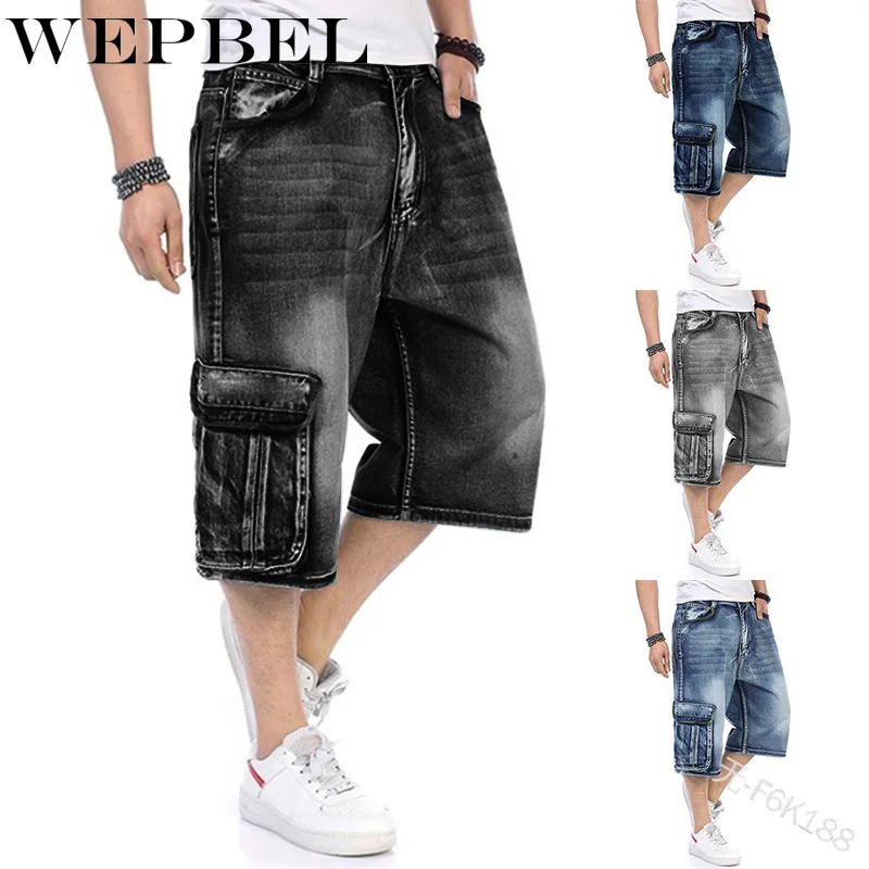 

WEPBEL Women Fashion Hip Hop Denim Pants with More Pocket Casual Skateboard Loose 3/4 Pants