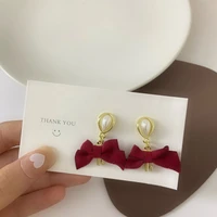 s925 silver needle retro wine red bow knot drop earrings female autumn winter new sweet temperament fashion clip on earrings